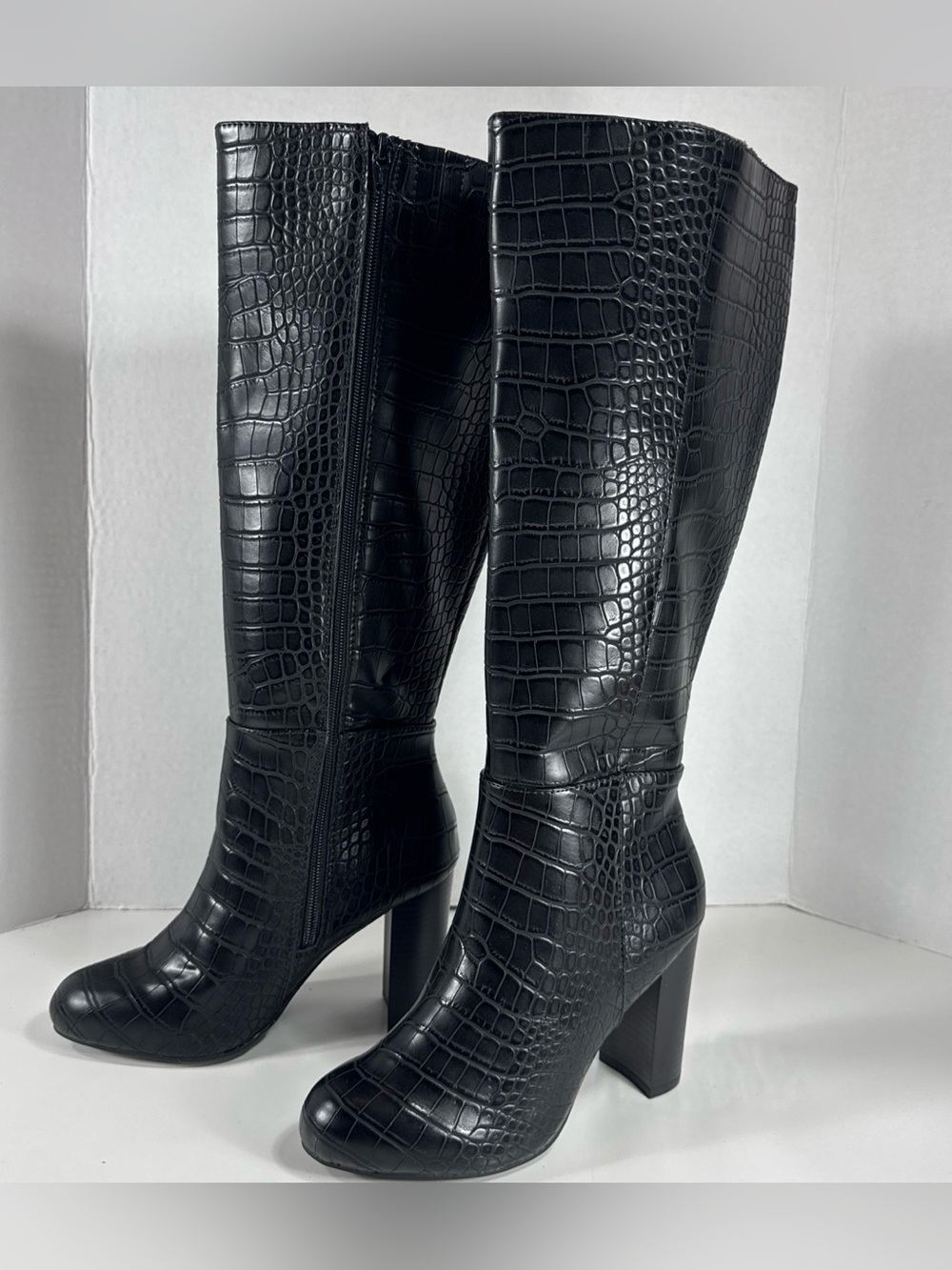 Black Croc-Embossed Knee-High Block Heel Boots